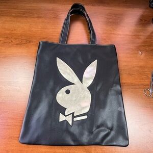 Vintage Playboy Bunny Black Vinyl Tote Bag Pink Monogram Lining with Zip Pocket